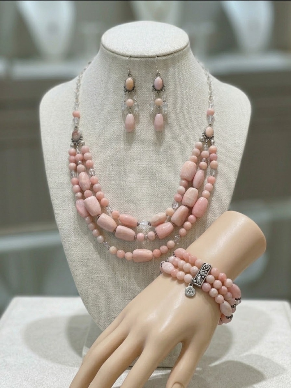 Blush Pink & Silver 3-Piece Beaded Jewelry Set